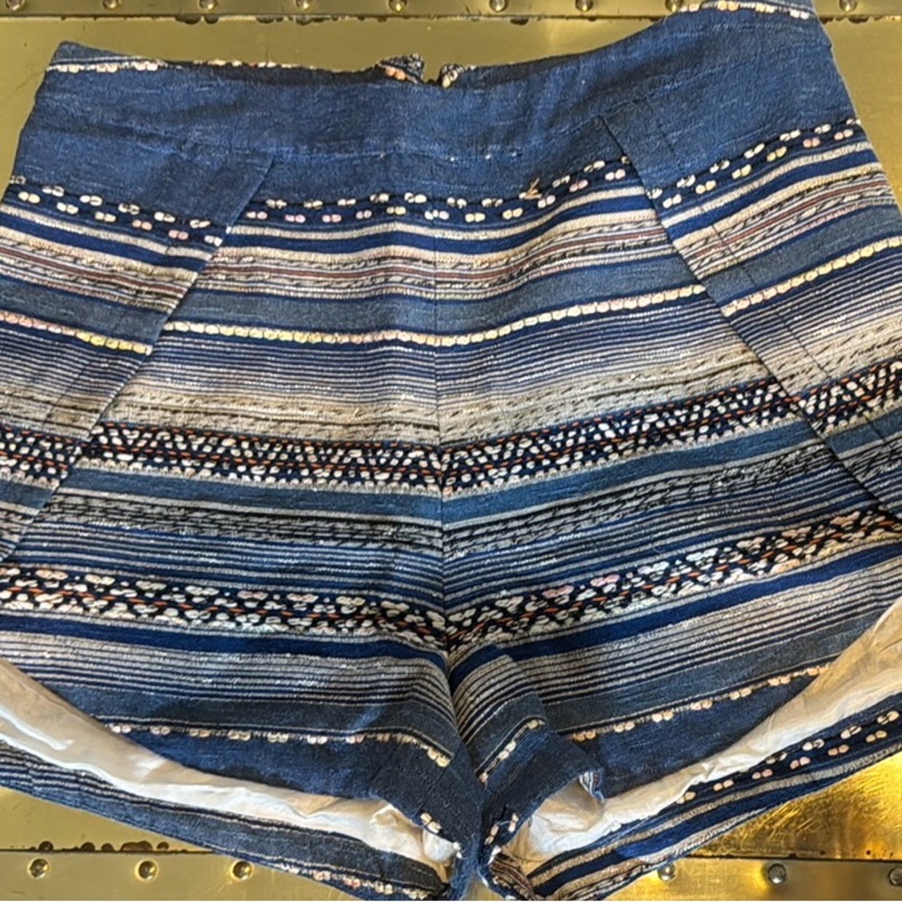 Rory Beca Blue and White High Waist Shorts with Intricate Patterns